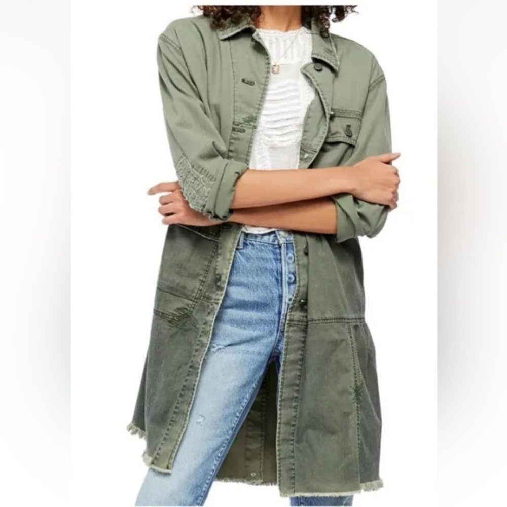NWT- Free People Forever Free Cotton Tiered Jacket Military Green 💯 Cotton - Picture 2 of 12